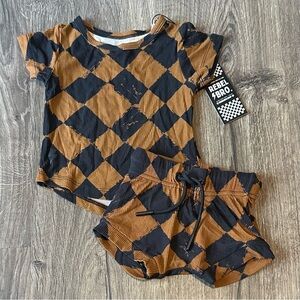 Kids 3-6m Bamboo Outfit Black and Brown Diamond Checker Pattern